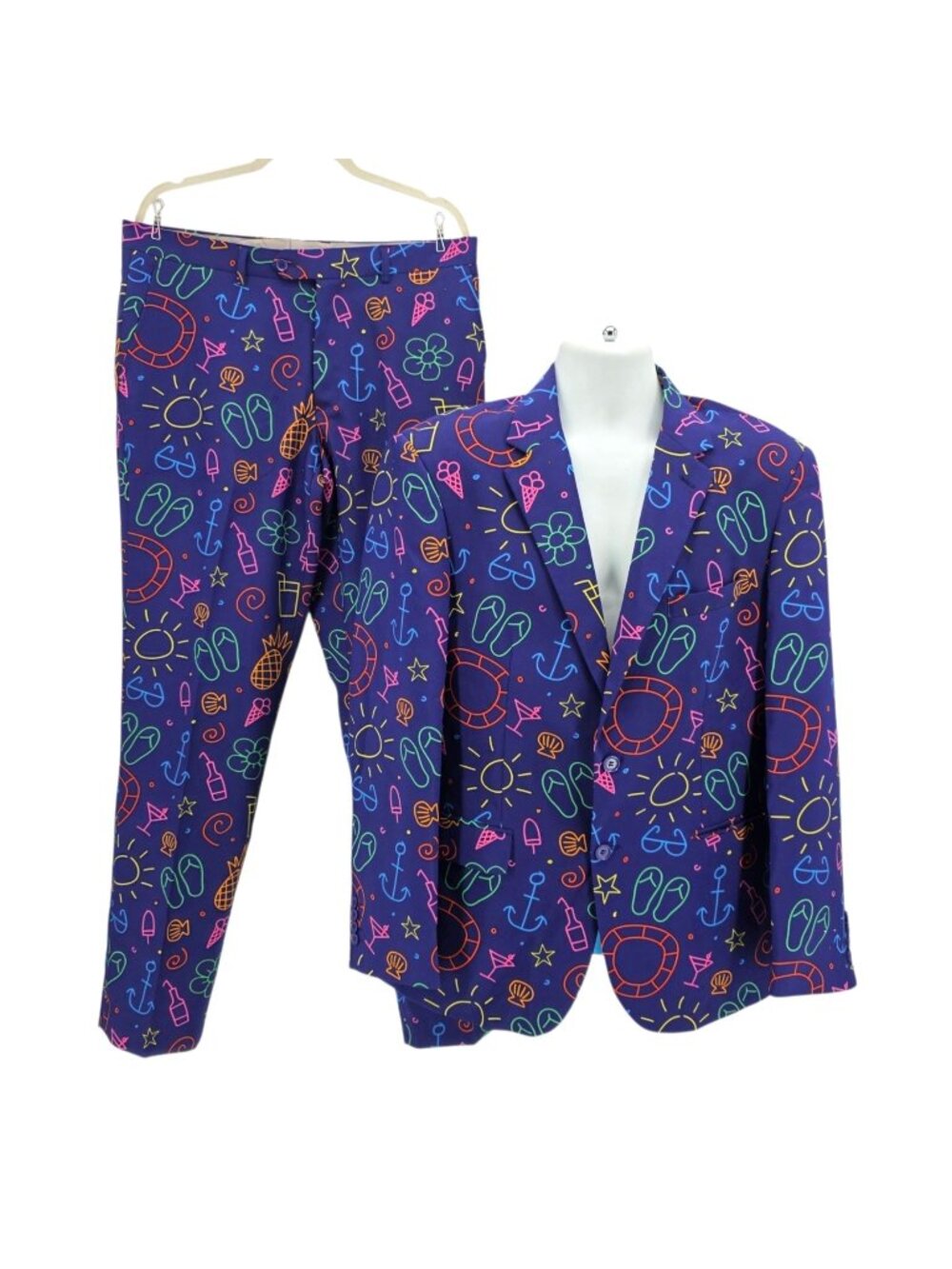 Opposuits Mens 44 Suit Doodle Dude Two Piece Jacket Pants Purple Neon Multicolor